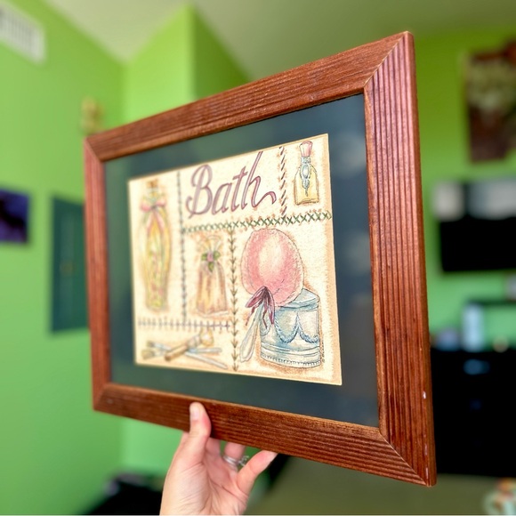 Vintage Bath Vanity Beauty Fashion Sketched Framed Wall Hanging Chic Decor - Picture 2 of 5